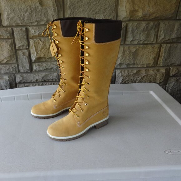 Timberland women's 8M,  tall leather lace up boots wheat color, gold tone hooks - Picture 1 of 14